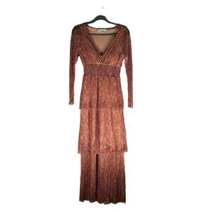 Haute Nites Metallic Orange Brown Sheer Maxi Dress